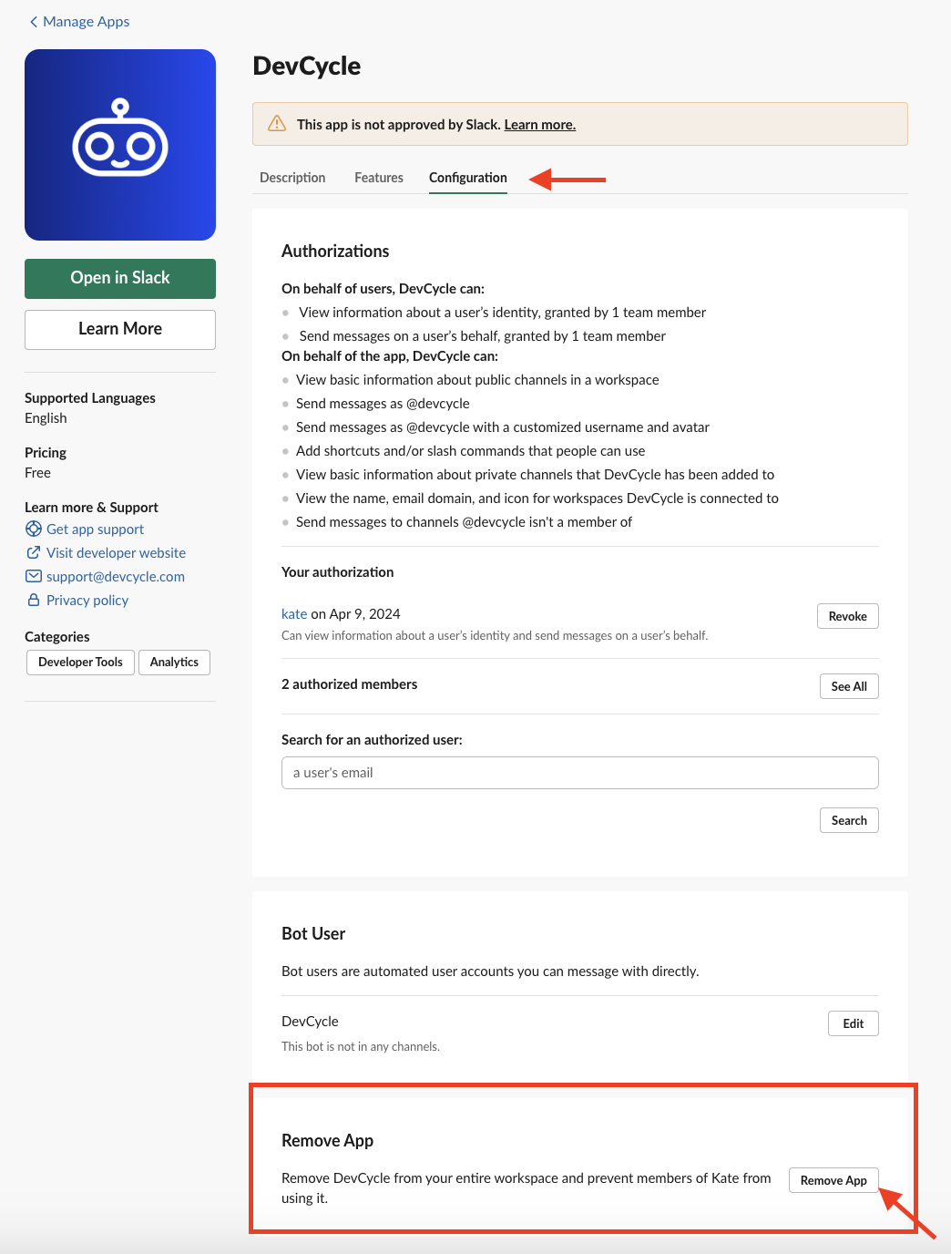 How to Remove DevCycle App for Slack